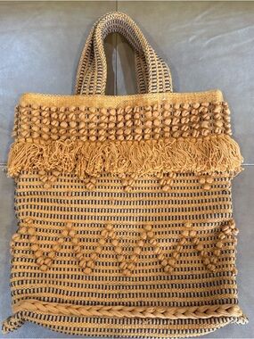 Kip & Co Large Woven Tote Bag Boho Fringe Terra-Cotta Black 19x17 Shoulder Bag